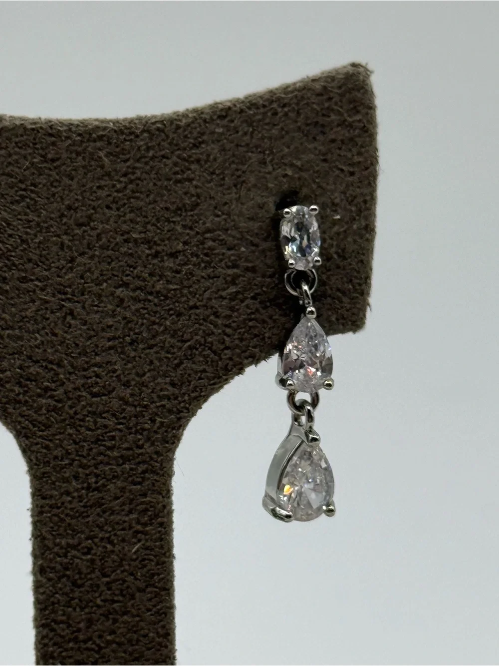 Silver tone Teardrop Dangle Earrings with Clear Stones